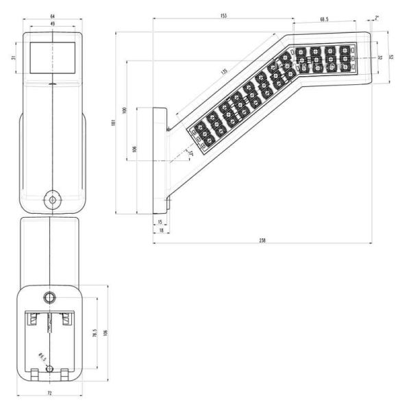Dimensions Avertisseur à LED avec frein, antibrouillard, marche arrière, clignotants dynamiques et feux de gabarit ADR Was 1441 