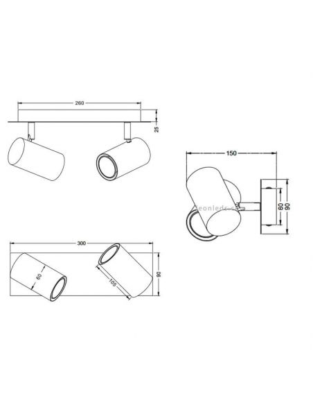 Dimensions Réglette avec 2 lumières Marley 2 X GU10 802400201 | leonleds