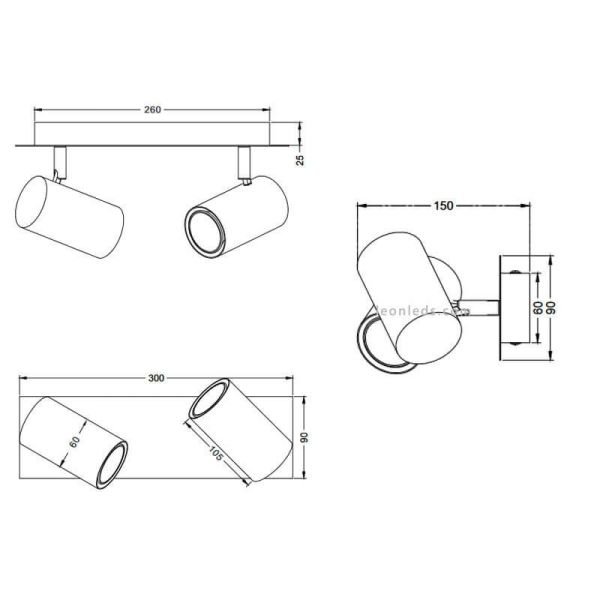 Dimensiones Regleta con 2 luces Marley 2 X GU10 802400201 | LeonLeds