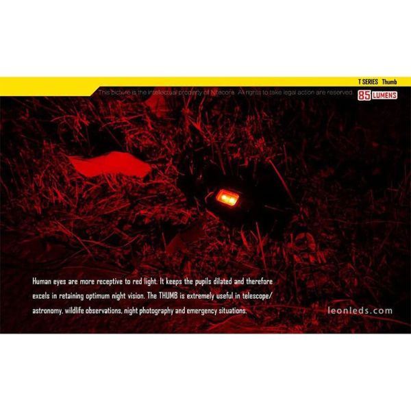Lampe de poche porte-clés LED Thumb avec lumière réglable à 120º LED rouge et rechargeable Nitecore | leonleds