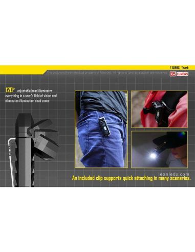 Lampe de poche porte-clés LED Thumb avec lumière réglable à 120º LED rouge et rechargeable Nitecore | leonleds