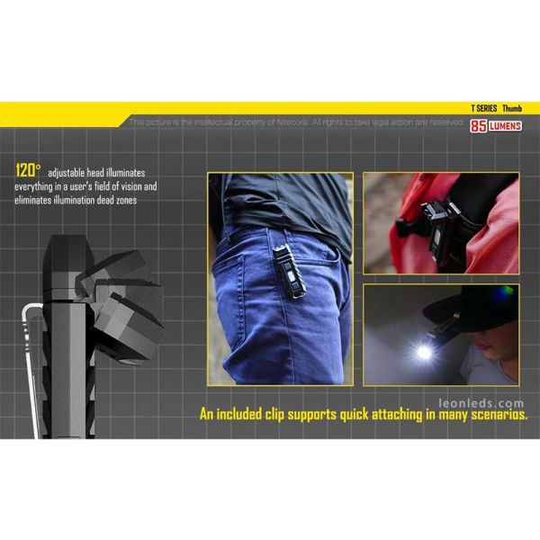 Lampe de poche porte-clés LED Thumb avec lumière réglable à 120º LED rouge et rechargeable Nitecore | leonleds