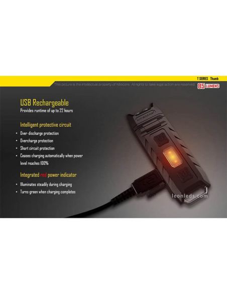 Linterna LED de llavero Thumb con luz orientable 120º led Rojo y recargable Nitecore | LeonLeds