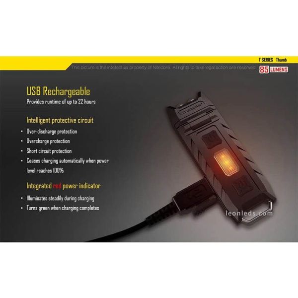 Lanterna porta-chaves Thumb LED com luz regulável 120º Led vermelho e recarregável Nitecore | leonleds