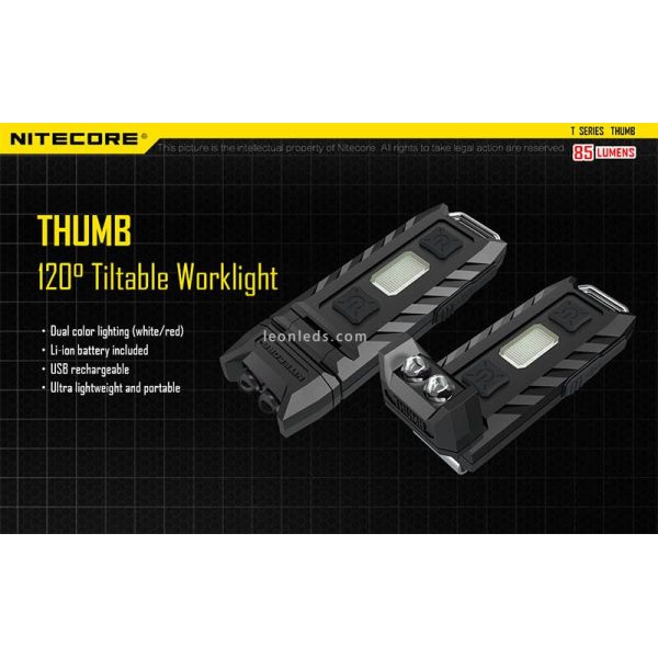 Lampe de poche porte-clés LED Thumb avec lumière réglable à 120º LED rouge et rechargeable Nitecore | leonleds