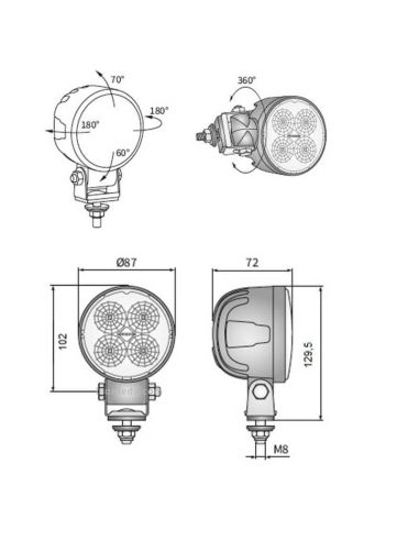 Dimensões Luminária de trabalho redonda LED giratória com conector Deutsch 2000Lm Valtra | leonleds