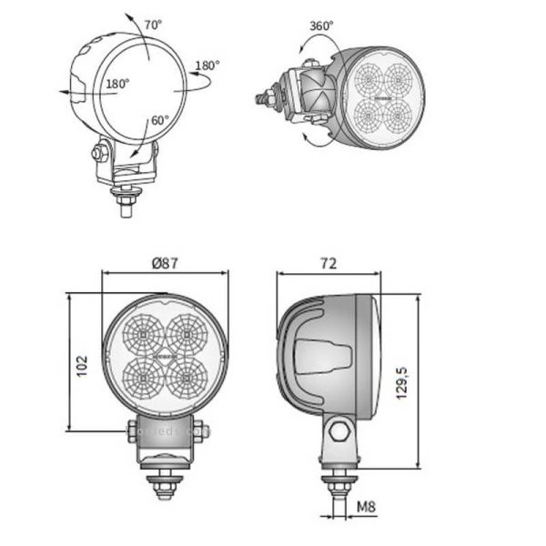 Dimensions Lampe de travail LED ronde Pivotante avec connecteur Deutsch 2000Lm Valtra | leonleds