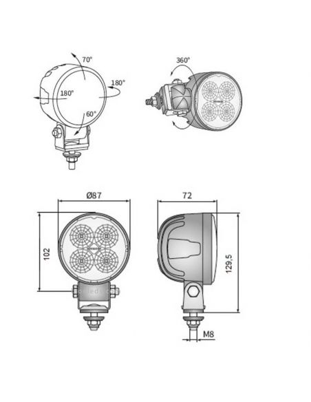 Dimensions Lampe de travail LED ronde Pivotante avec connecteur Deutsch 2000Lm Valtra | leonleds