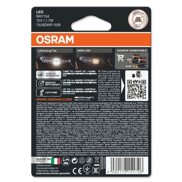 Pack de 2 Bombillas LED P21/5W BAY15d 6000K 12V 2W (2Uds) LED 2 Polos 1157 LEDDriving SL osram 7528DWP-02B | LeonLeds