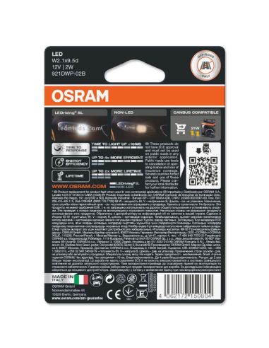 Bombilla LED W16W Osram LEDriving SL 12V 2,9W Pack 2 Unds. Luz Blanca 6000K 921DWP-02B Osram | LeonLeds