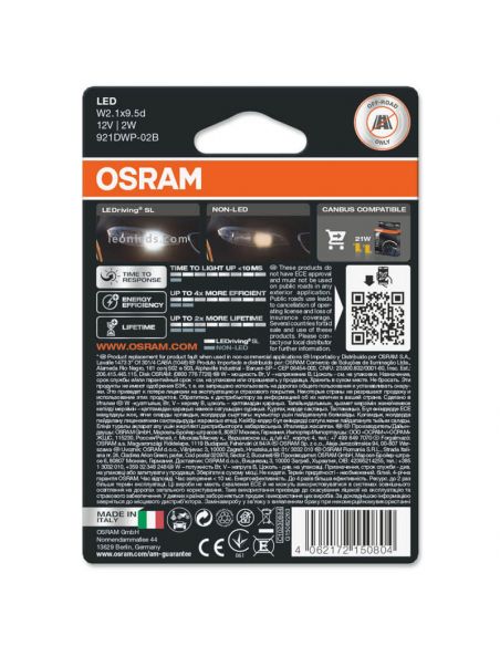 Bombilla LED W16W Osram LEDriving SL 12V 2,9W Pack 2 Unds. Luz Blanca 6000K 921DWP-02B Osram | LeonLeds