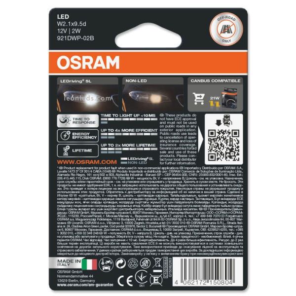 Bombilla LED W16W Osram LEDriving SL 12V 2,9W Pack 2 Unds. Luz Blanca 6000K 921DWP-02B Osram | LeonLeds