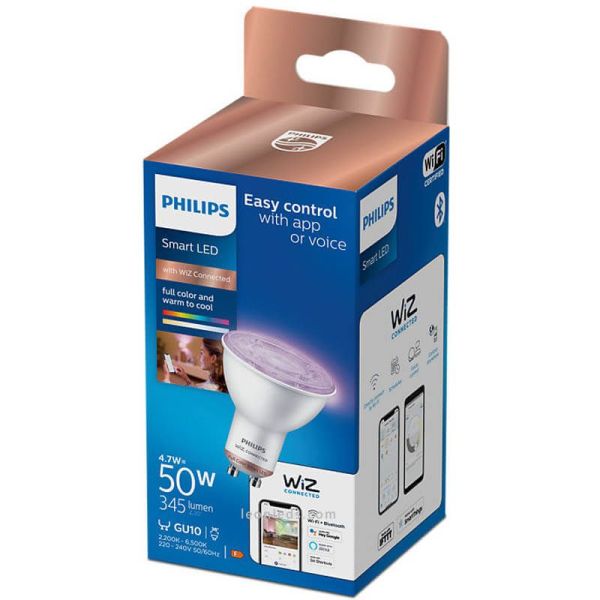 Bombilla LED inteligente GU10 50W - 4,7W Wiz RGB compatible con Alexa Google Home Philips | LeonLeds