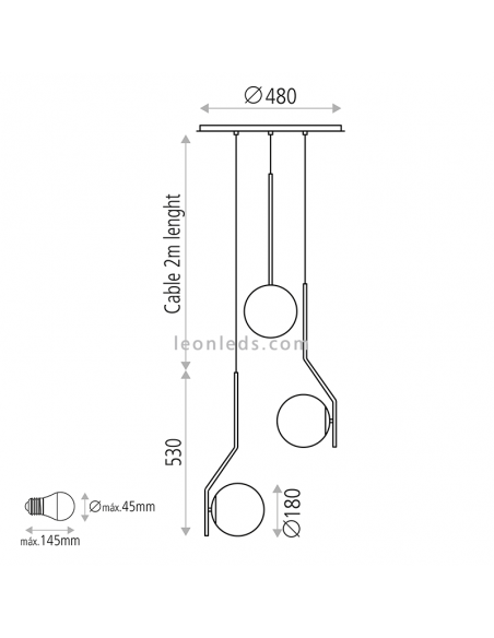 Dimensões da luminária pendente 3L Maui