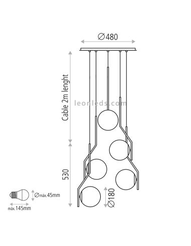 Dimensões da luminária pendente 5L Maui