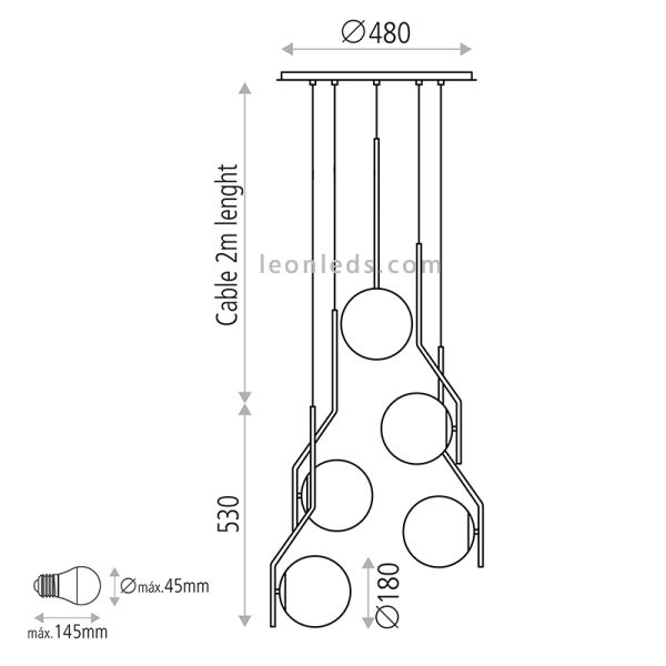 Dimensões da luminária pendente 5L Maui