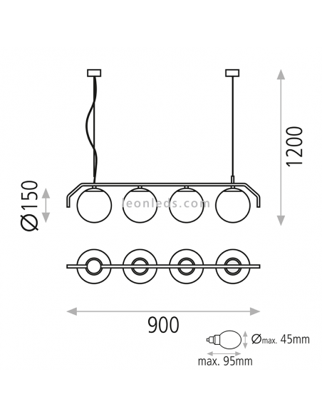 Dimensões da luminária pendente 4L Maui