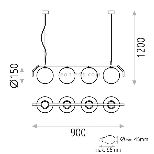 Dimensões da luminária pendente 4L Maui