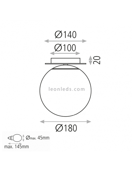 Dimensions du plafonnier sphère en verre de Parme