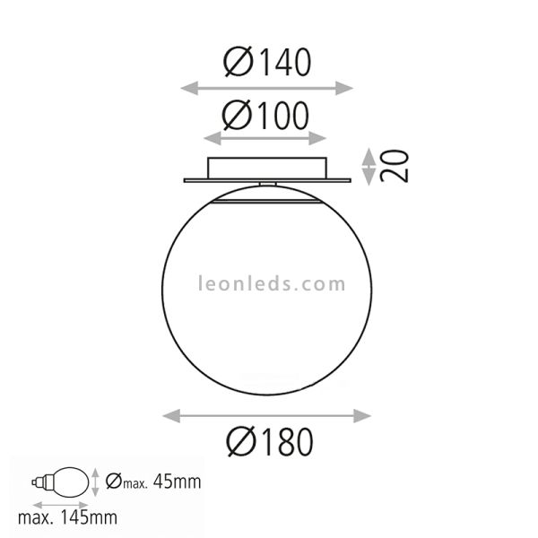 Dimensions du plafonnier sphère en verre de Parme
