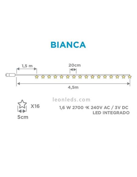 Pack de 6 Guirnaldas LED de estrellas transparentes Bianca dimensiones New Garden | LeonLeds Iluminación