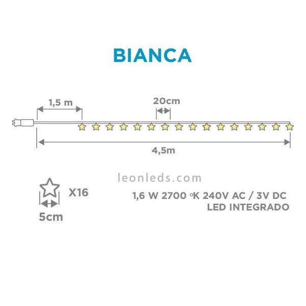 Pack de 6 Guirnaldas LED de estrellas transparentes Bianca dimensiones New Garden | LeonLeds Iluminación