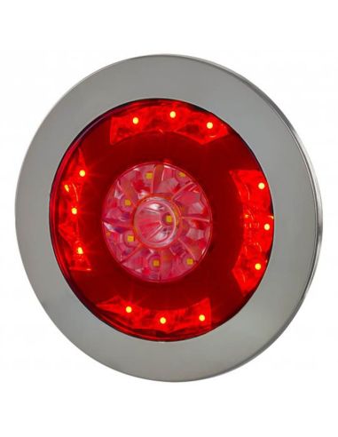 Lanterna traseira redonda em LED com acabamento cromado com luz de posição, ré e nevoeiro Horpol | leonleds