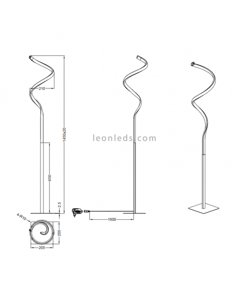 Candeeiro de pé em espiral de metal Dimensões do curso
