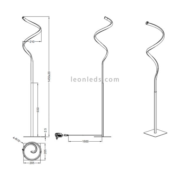 Candeeiro de pé em espiral de metal Dimensões do curso