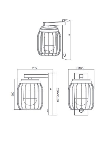 Dimensões da luminária de parede externa Tuela Oxide
