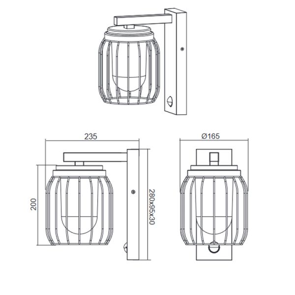 Dimensões da luminária de parede externa Tuela Oxide