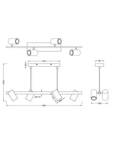 Dimensions de la suspension noire et bois Marley 4 ampoules