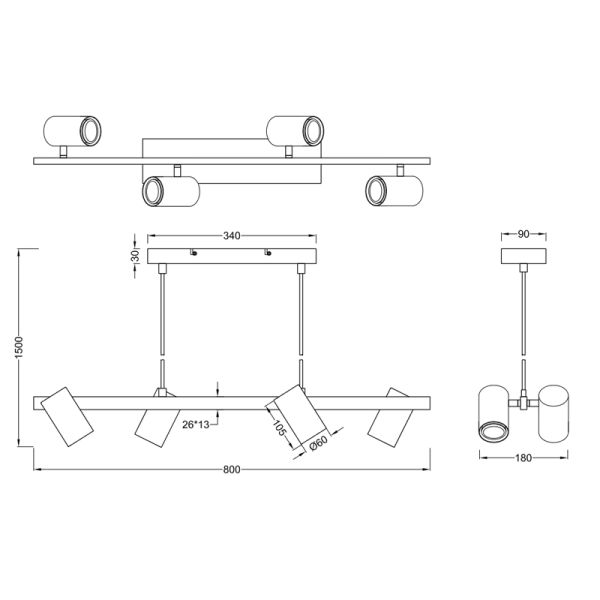 Dimensions de la suspension noire et bois Marley 4 ampoules