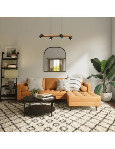 Luminária pendente preta e madeira Marley 4 holofotes ambiente