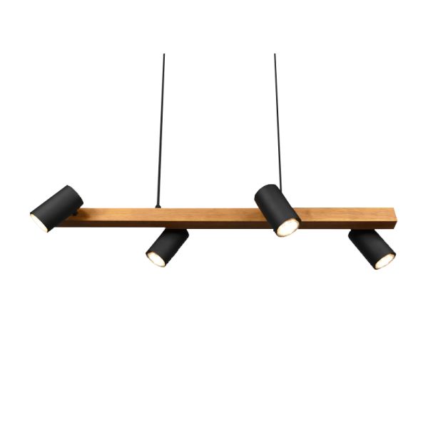 Suspensão preta e madeira Marley 4 holofotes Trio