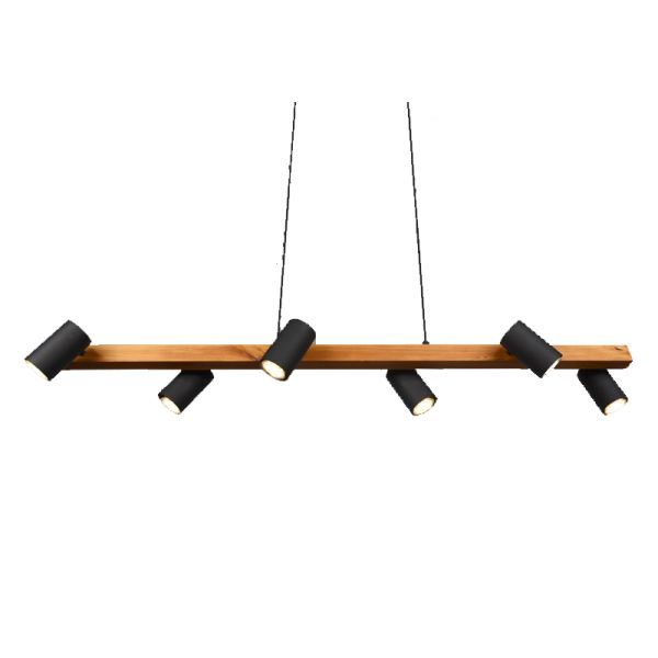 Suspensão preta e madeira Marley 6 holofotes Trio