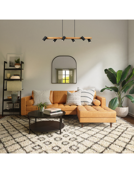 Luminária pendente preta e madeira Marley 6 holofotes ambiente