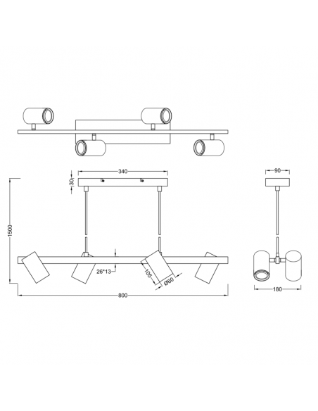 Dimensions de la suspension noire dimmable Marley 4 ampoules