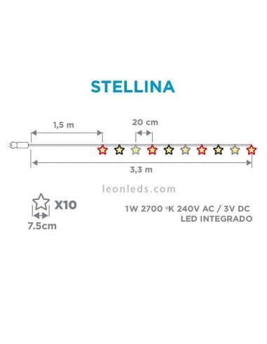 Pack de 6 Guirnaldas PVC LED de estrellas multicolor Stellina dimensiones New Garden | LeonLeds Iluminación