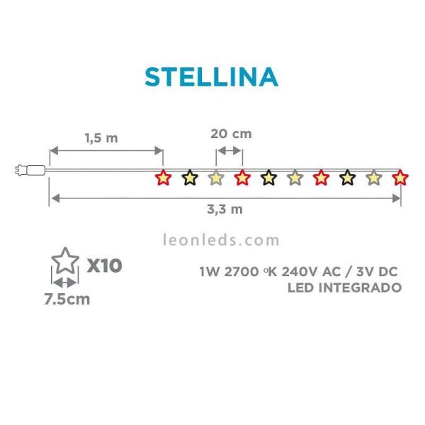 Pack de 6 Guirnaldas PVC LED de estrellas multicolor Stellina dimensiones New Garden | LeonLeds Iluminación