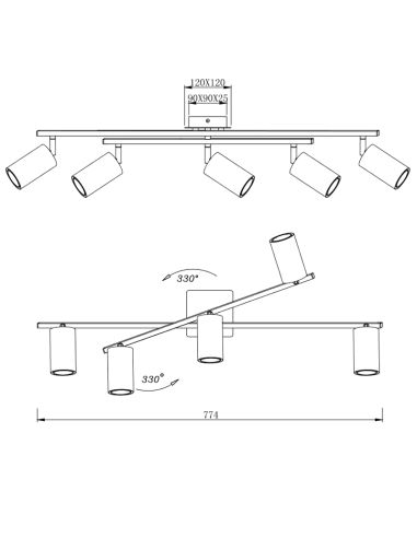 Regleta de 5 focos negra y dorada Marley  dimensiones