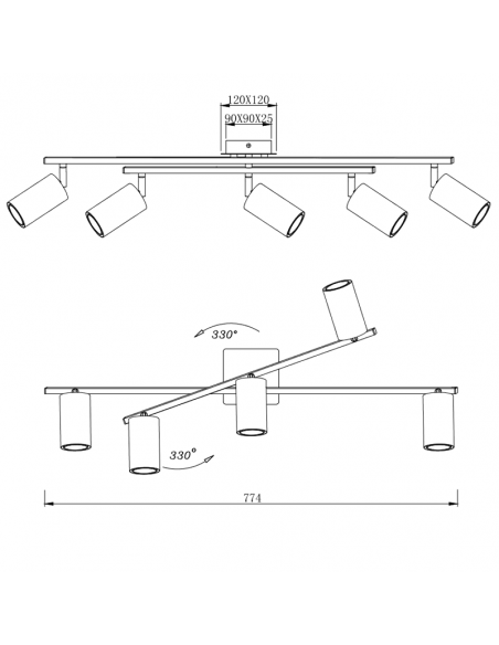 Tira preta e dourada de 5 holofotes Dimensões Marley