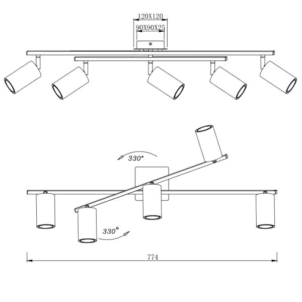 Tira preta e dourada de 5 holofotes Dimensões Marley