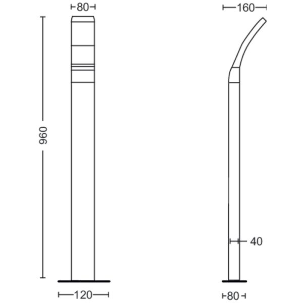 Dimensões do Splay do poste de LED externo longo antracite