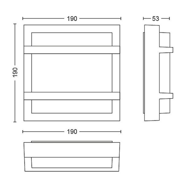 Dimensões da luminária de parede LED externa quadrada Petronia