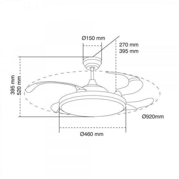 Ventilador DC Camel branco 36W lâminas dobráveis medidas
