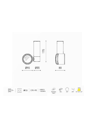 Dimensiones Foco LED orientable de superficie Zen Tube Surface ArkosLight | LeonLeds