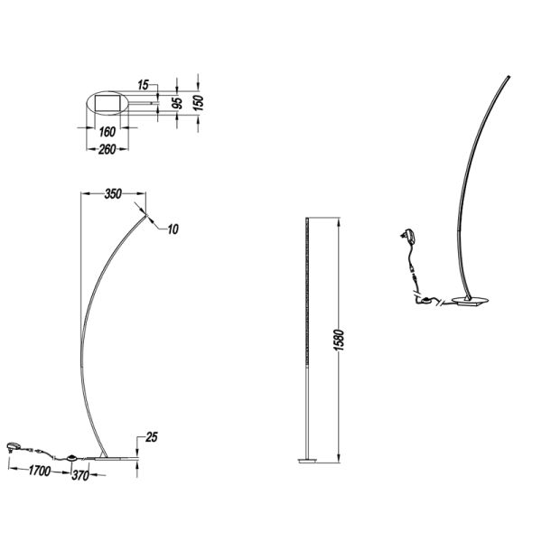 Medidas minimalistas da luminária de chão LED Solo Black