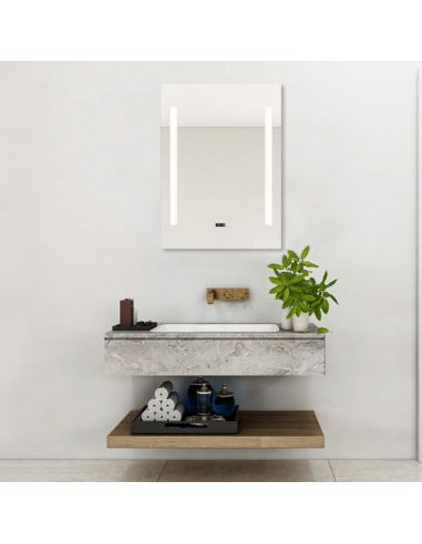 Espejo rectangular Ilona con luz LED lateral y reloj ambiente
