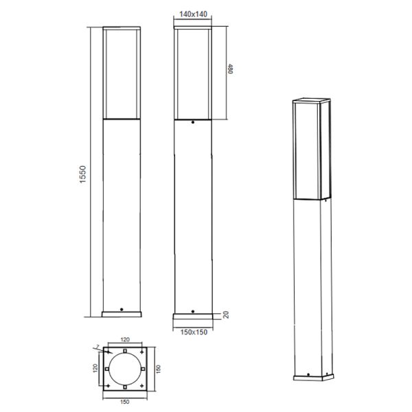 Grand Poteau LED de Jardin Dimensions Fortes